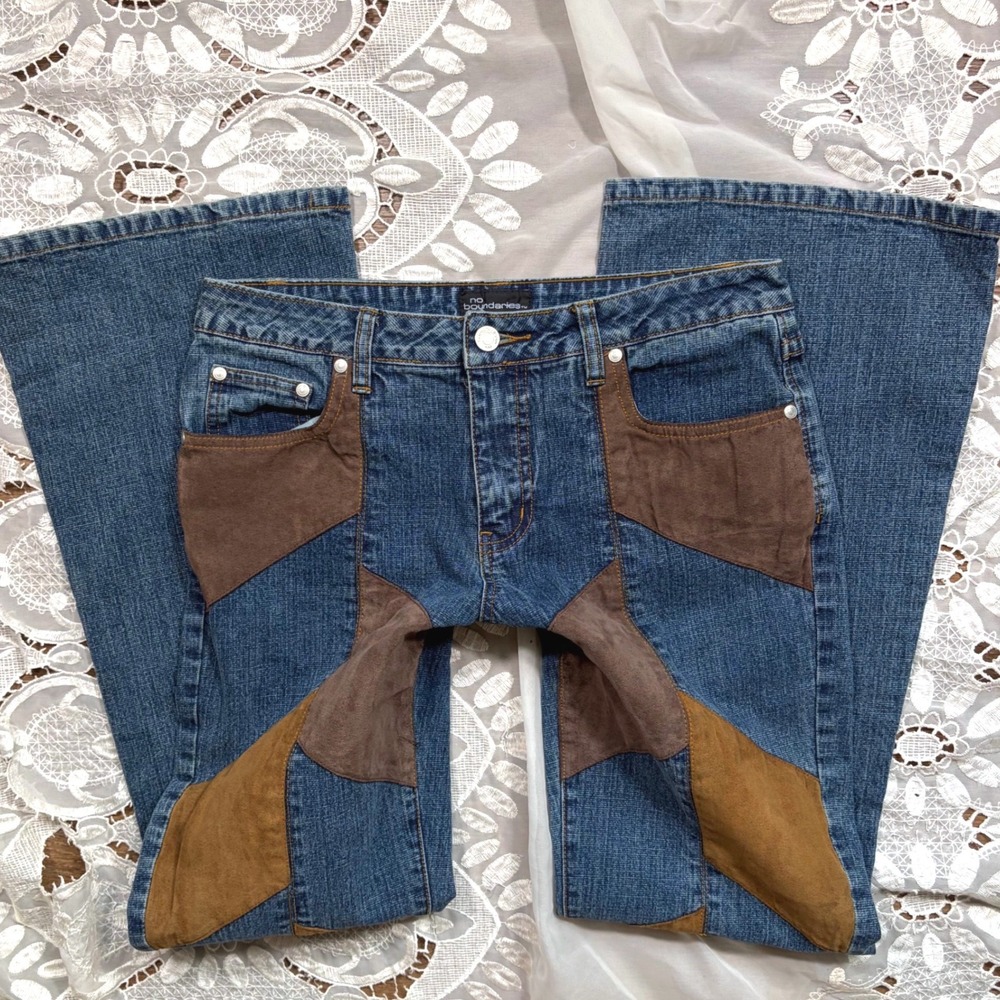 RARE Y2K Flare No Boundaries Stretch Patchwork Jeans Blue Brown Faux Suede